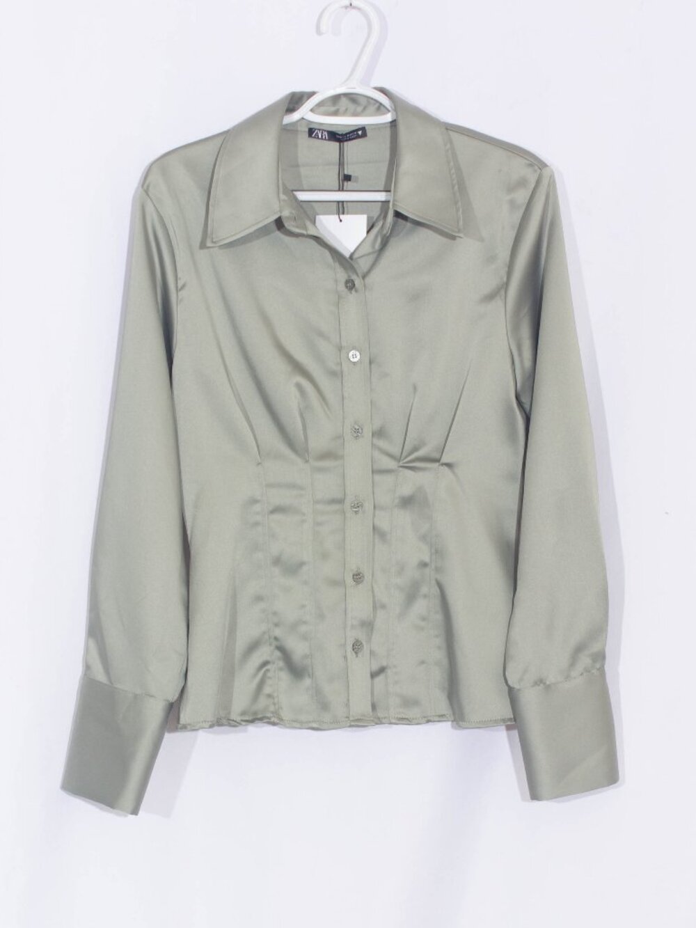 ZARA Cinched Waist Long Sleeve Satin Button Front Blouse Size M